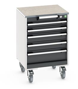 cubio mobile cabinet with 5 drawers & lino worktop. WxDxH: 525x525x790mm. RAL 7035/5010 or selected Bott Mobile Storage Cabinet Drawer Trolleys 525mm x 525mm